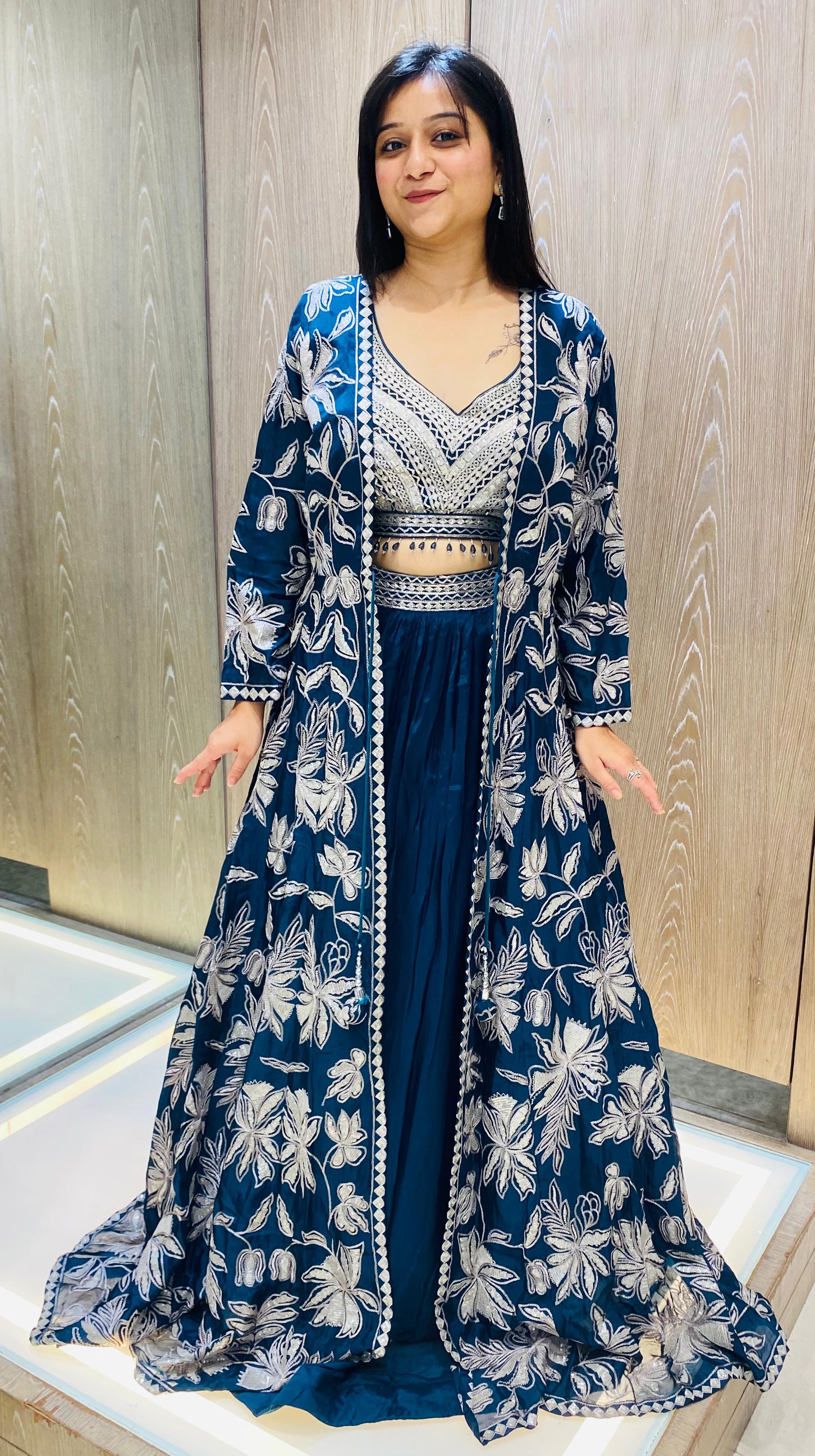 Teal Blue Color Chinnon Resham Work Indo Western